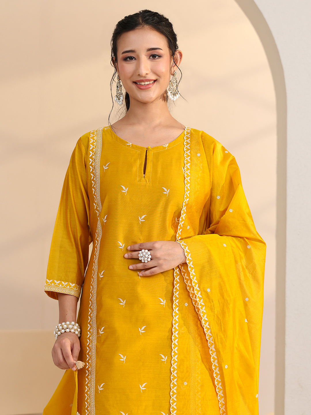 Anouk Yellow Floral Embroidered Chanderi Silk Straight Suit Set