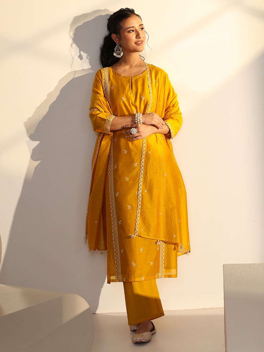 Anouk Yellow Floral Embroidered Chanderi Silk Straight Suit Set