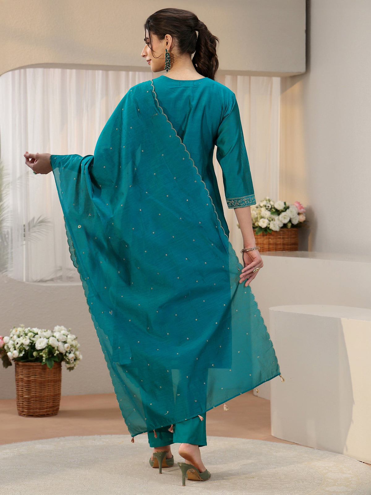 Anouk Teal Blue Embroiderd Chanderi Silk Straight Suit Set