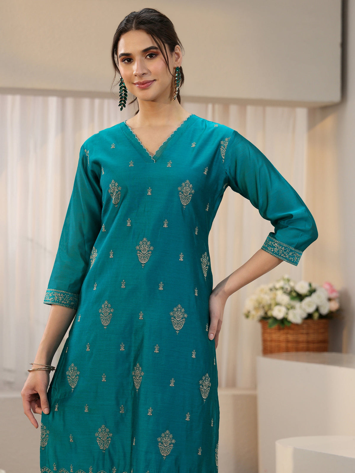 Anouk Teal Blue Embroiderd Chanderi Silk Straight Suit Set
