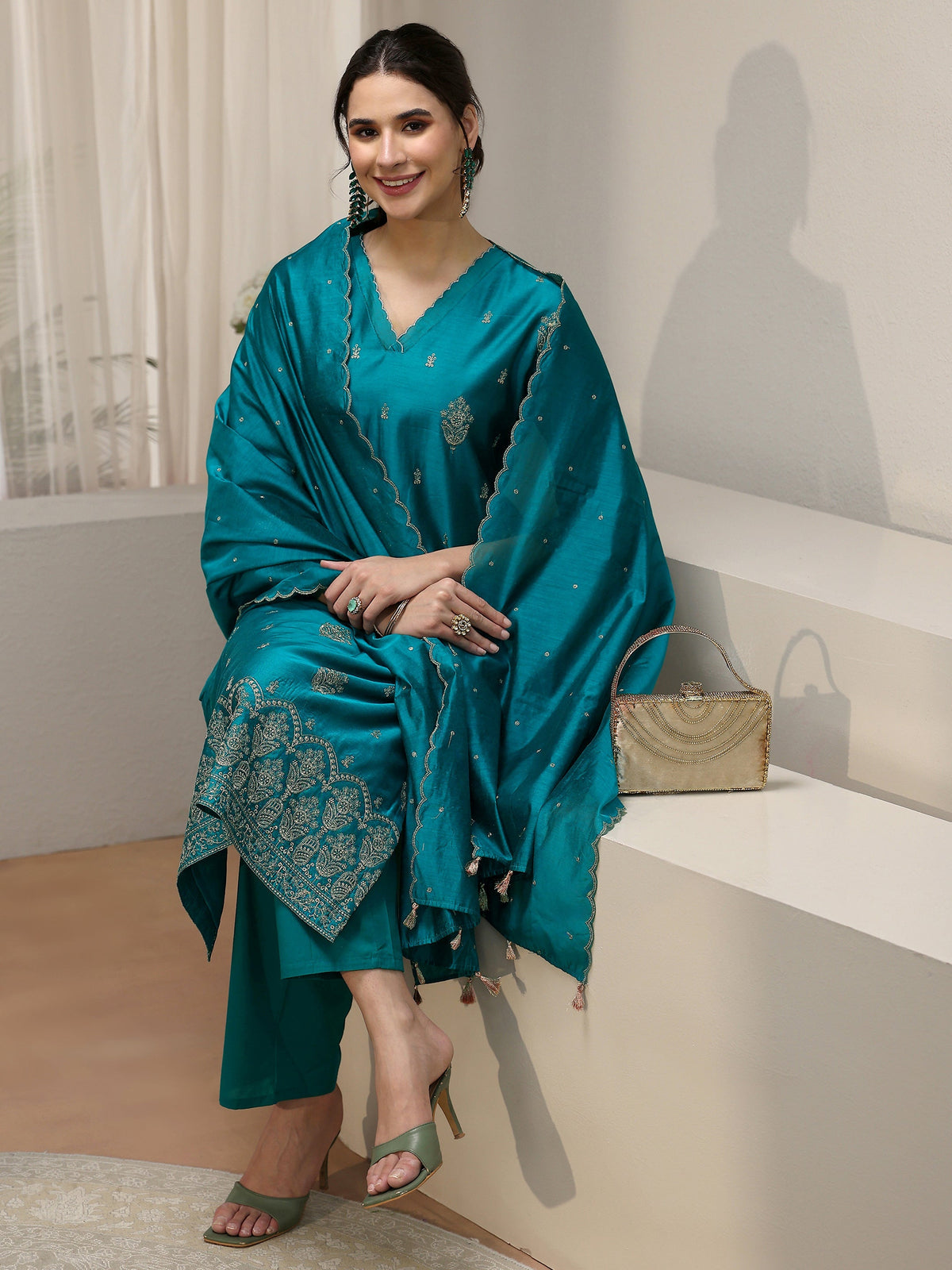 Anouk Teal Blue Embroiderd Chanderi Silk Straight Suit Set