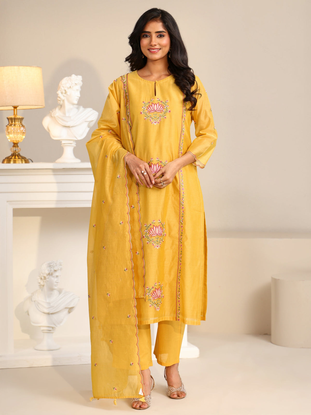 Anouk Yellow Lotus Embroidered Chanderi Silk Straight Suit Set
