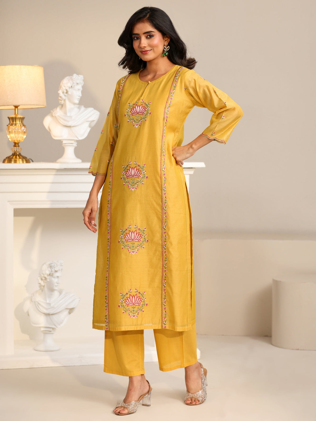 Anouk Yellow Lotus Embroidered Chanderi Silk Straight Suit Set