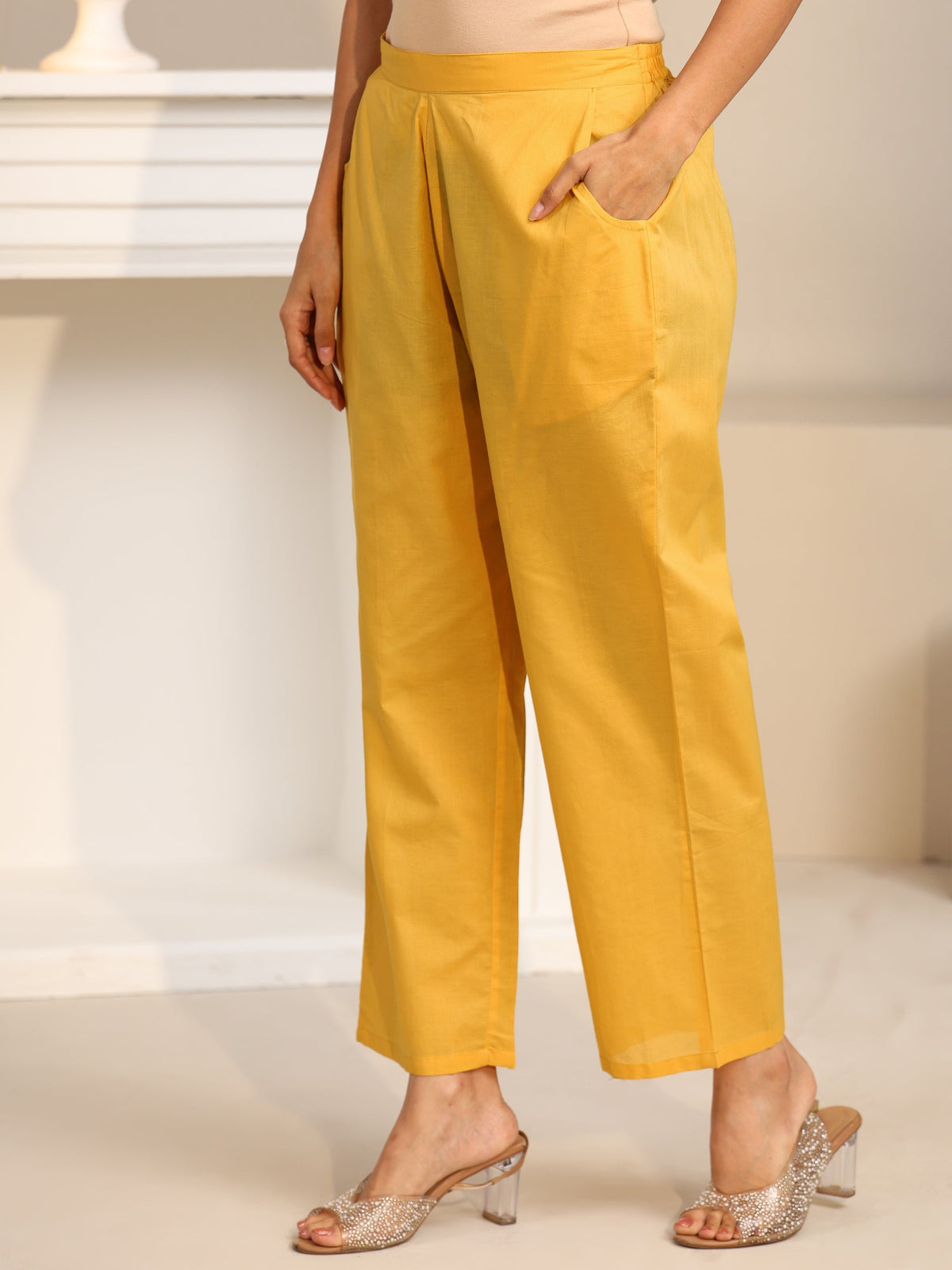 Anouk Yellow Lotus Embroidered Chanderi Silk Straight Suit Set