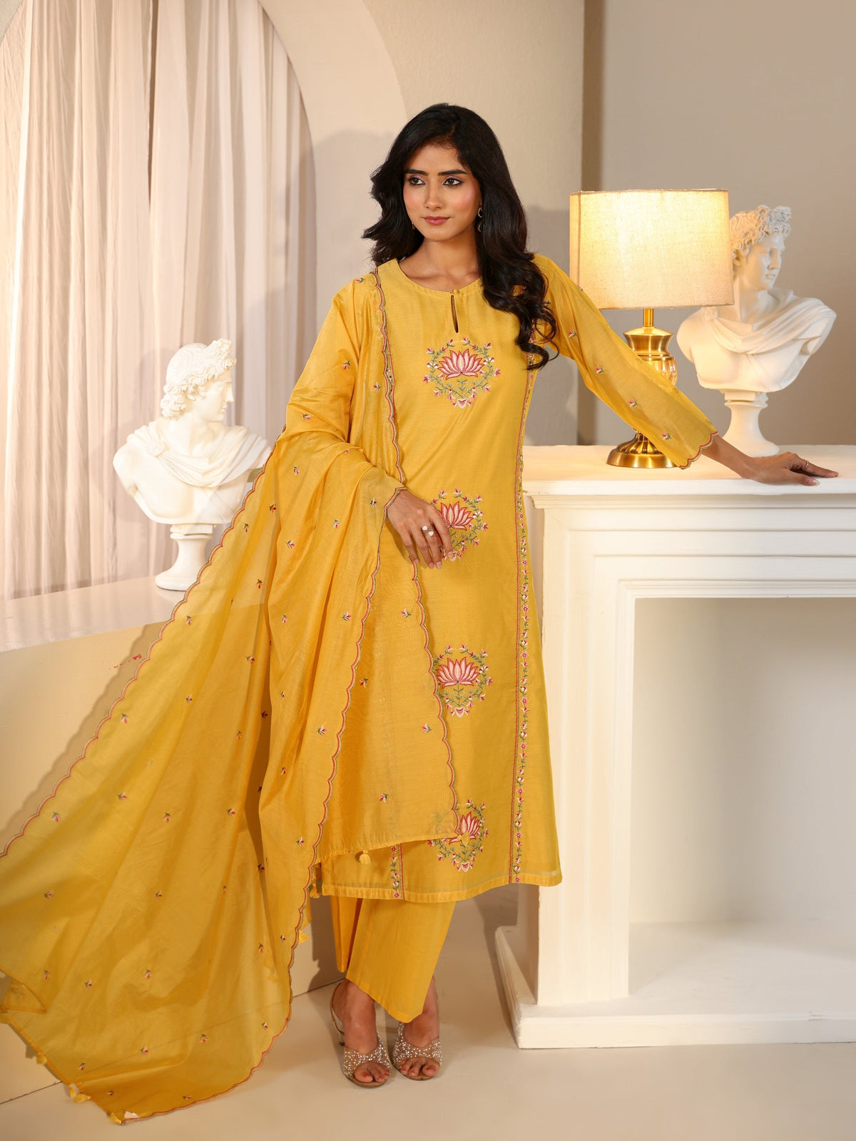 Anouk Yellow Lotus Embroidered Chanderi Silk Straight Suit Set