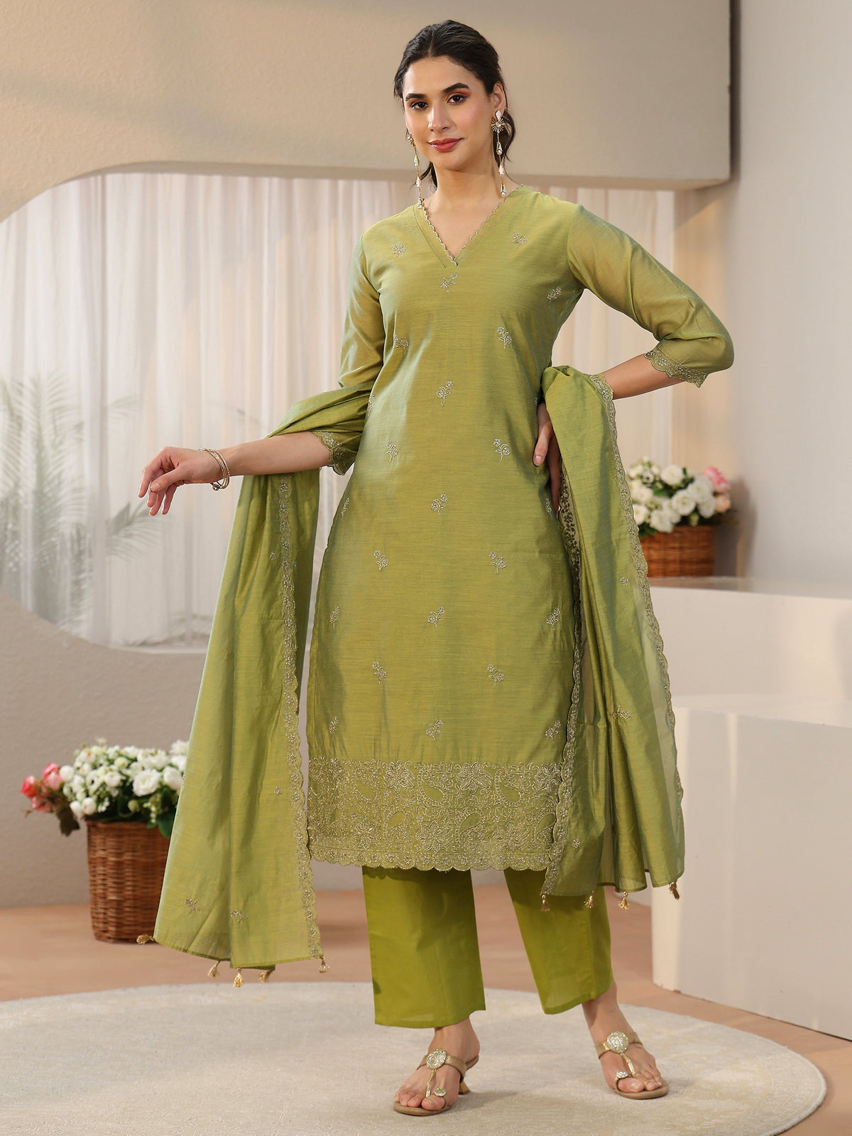 Anouk Leaf Green Floral Embellished Chanderi Silk Straight Suit Set