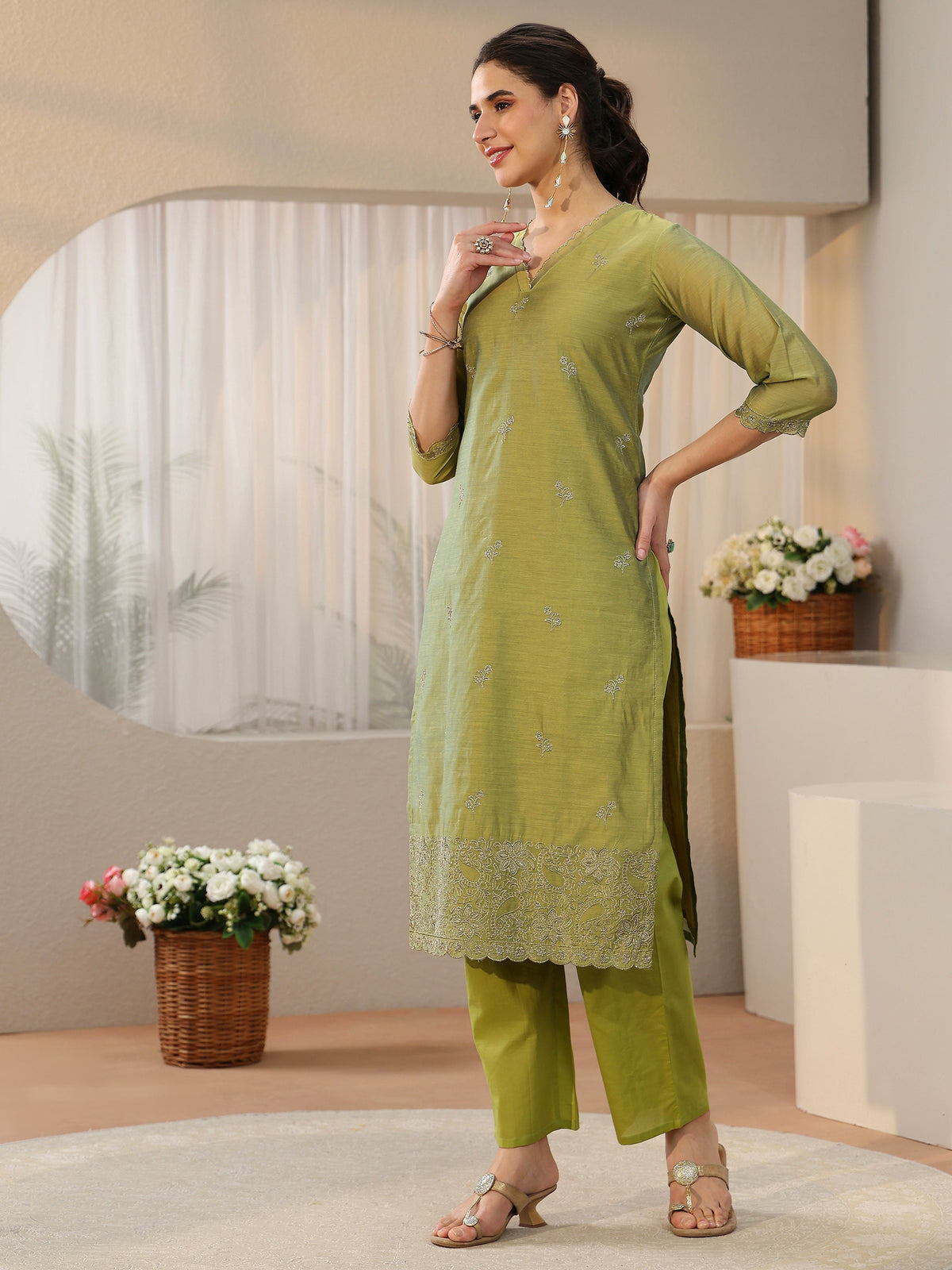 Anouk Leaf Green Floral Embellished Chanderi Silk Straight Suit Set