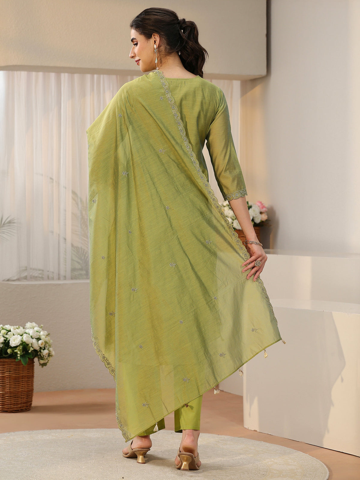 Anouk Leaf Green Floral Embellished Chanderi Silk Straight Suit Set