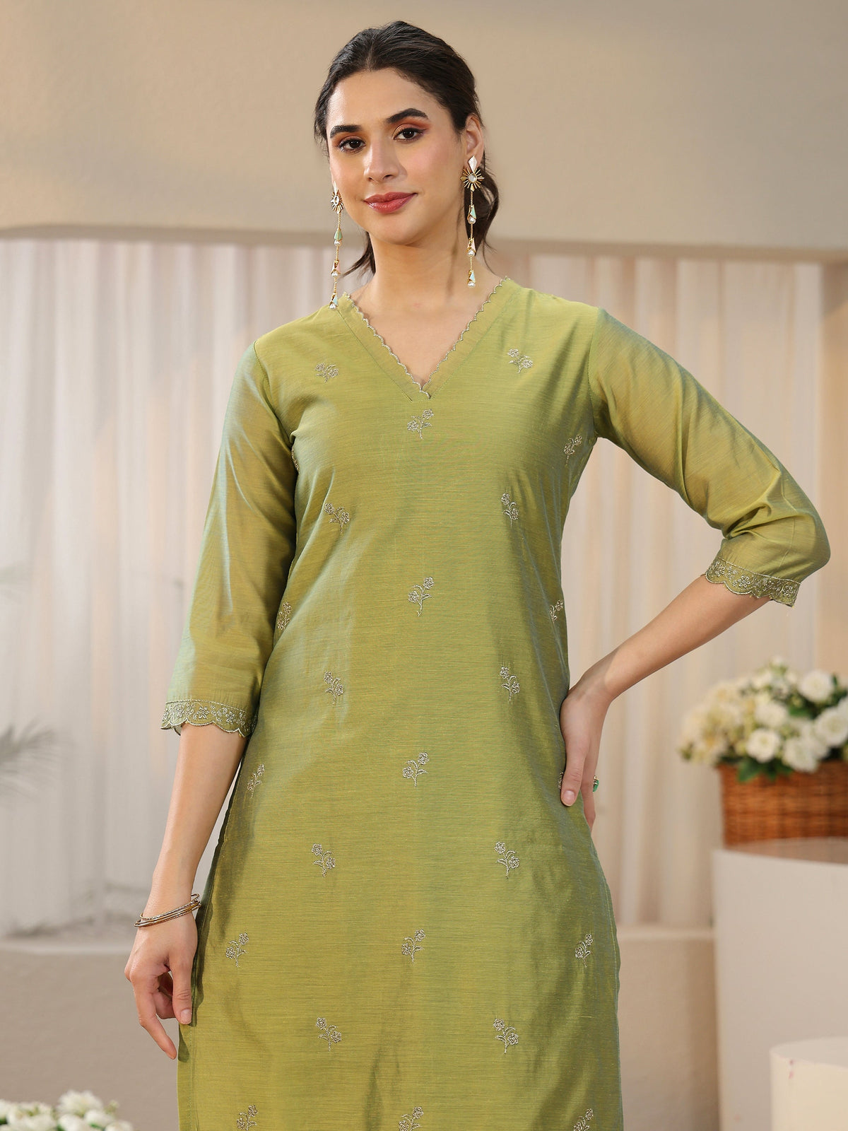 Anouk Leaf Green Floral Embellished Chanderi Silk Straight Suit Set
