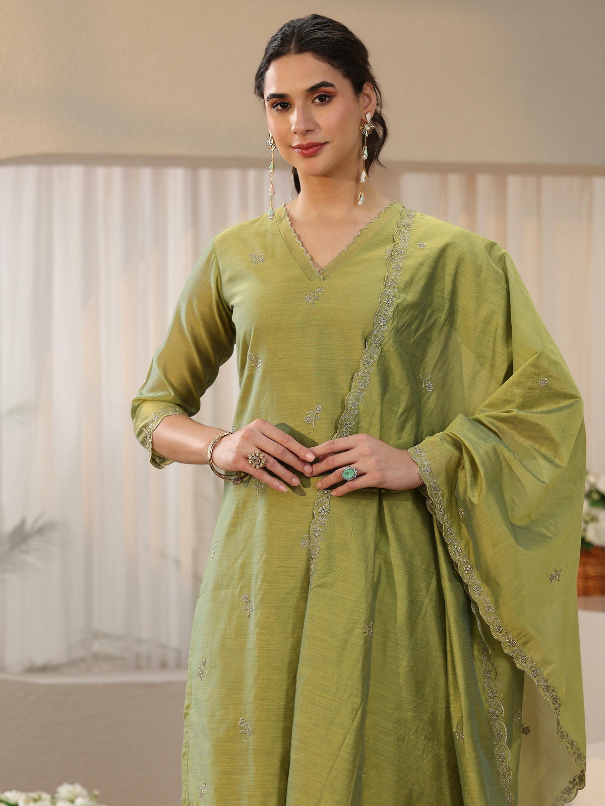 Anouk Leaf Green Floral Embellished Chanderi Silk Straight Suit Set