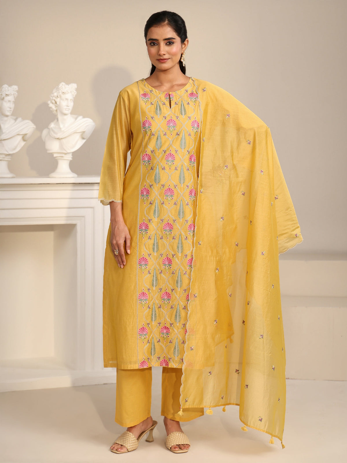 Anouk Yellow Floral Embroidered Chanderi Silk Straight Suit Set