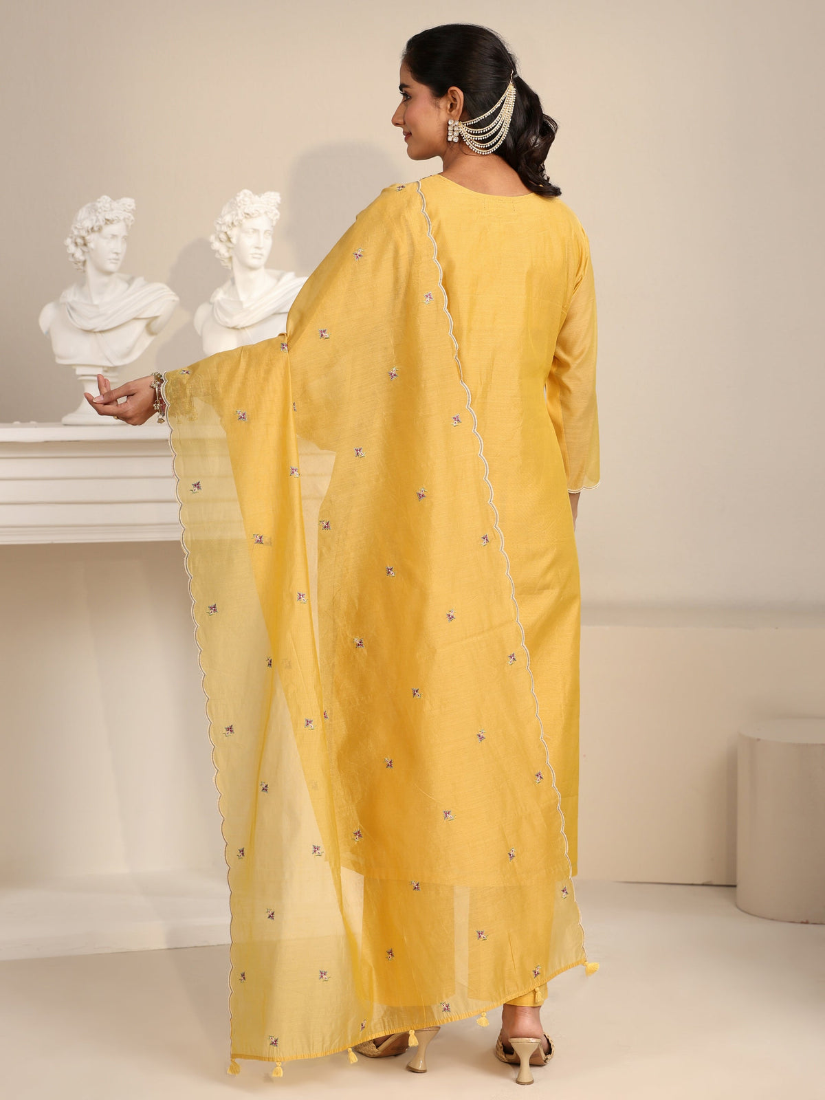 Anouk Yellow Floral Embroidered Chanderi Silk Straight Suit Set