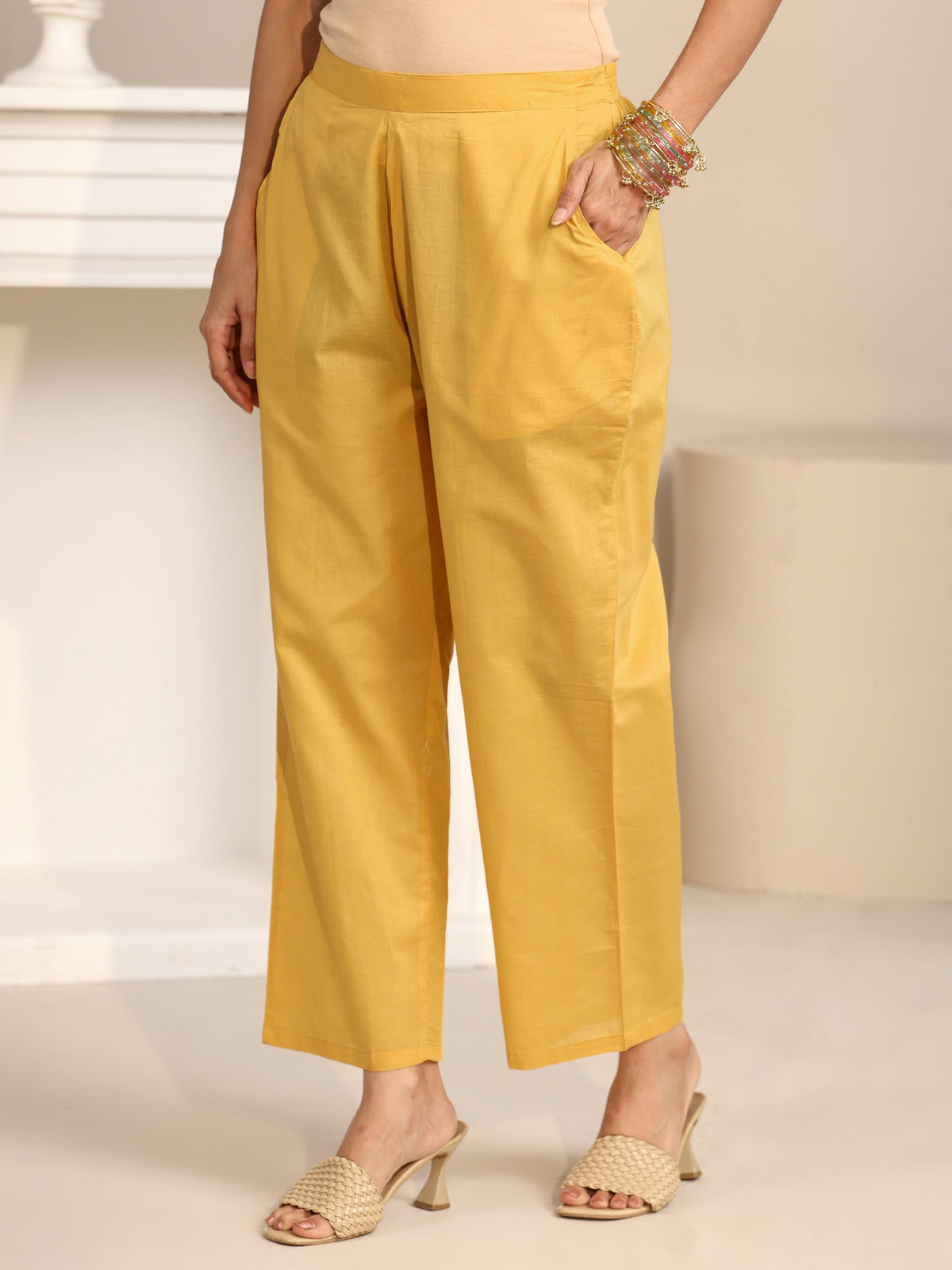 Anouk Yellow Floral Embroidered Chanderi Silk Straight Suit Set