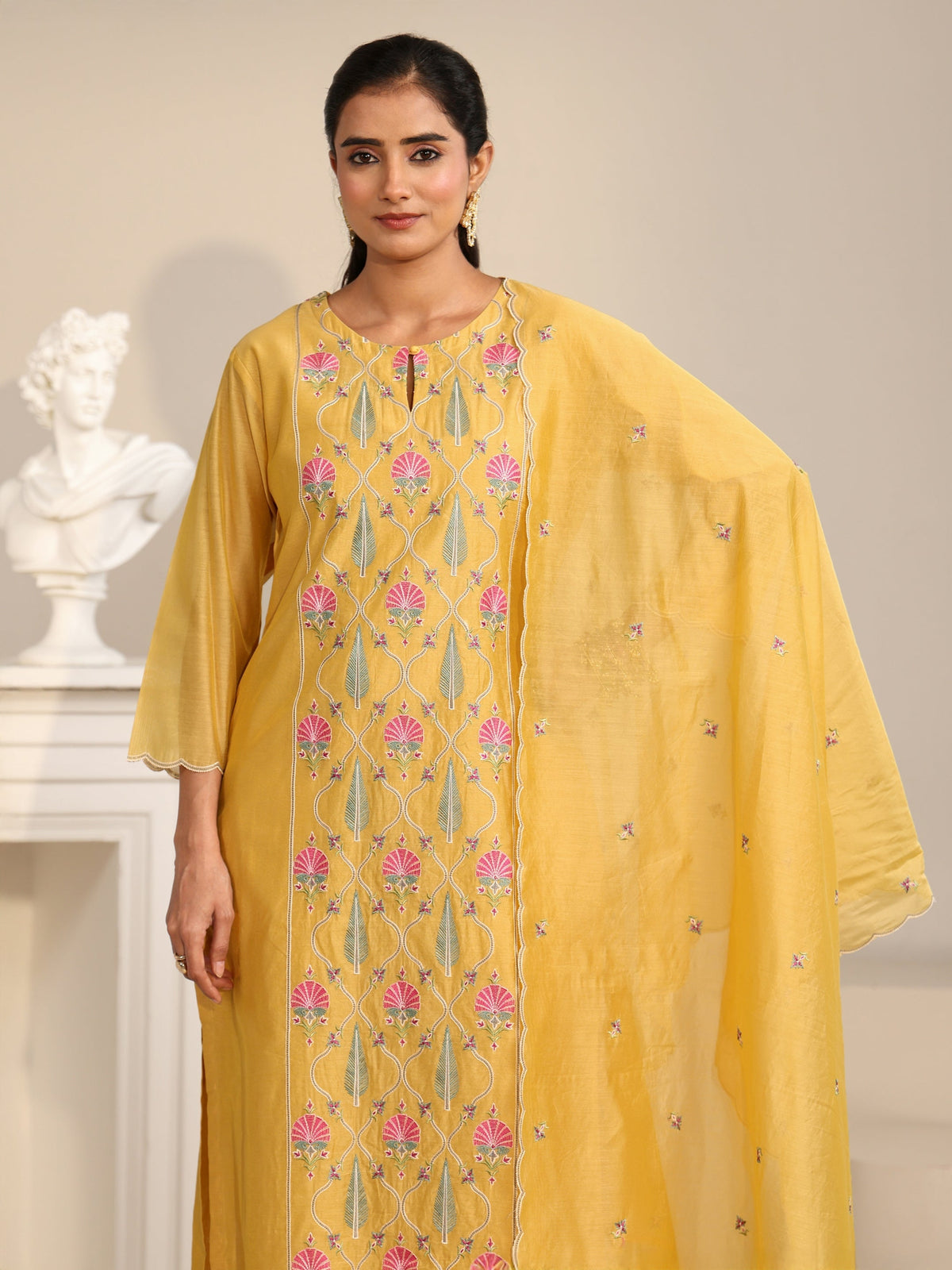 Anouk Yellow Floral Embroidered Chanderi Silk Straight Suit Set