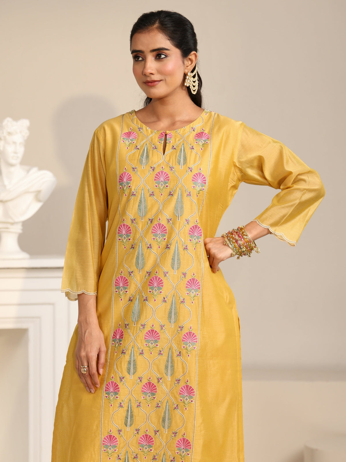 Anouk Yellow Floral Embroidered Chanderi Silk Straight Suit Set