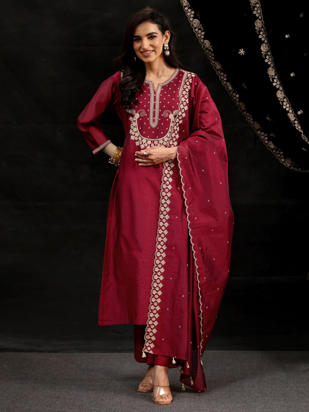 Anouk Maroon Red Yoke Embroidered Chanderi Silk Straight Suit Set