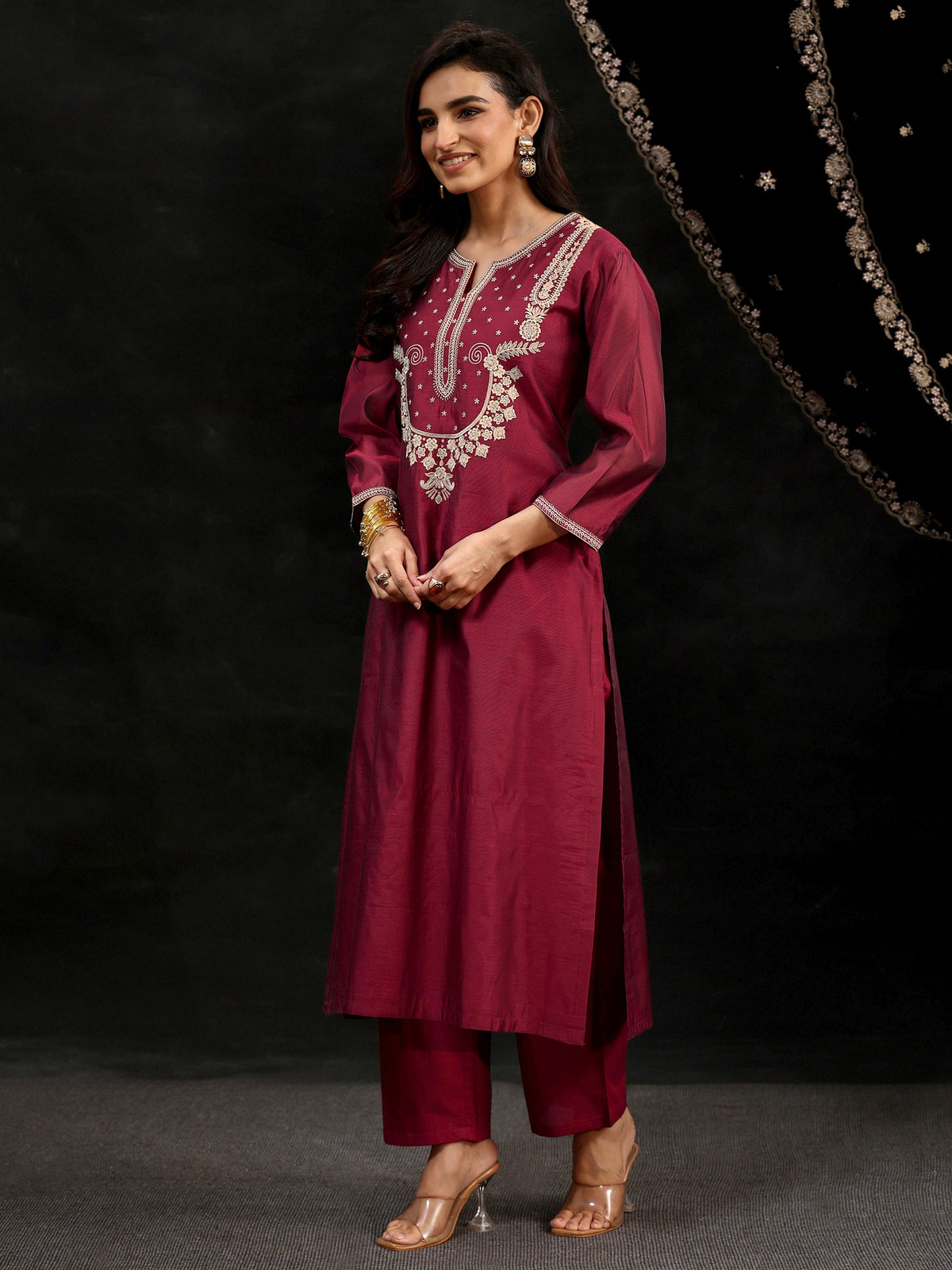 Anouk Maroon Red Yoke Embroidered Chanderi Silk Straight Suit Set