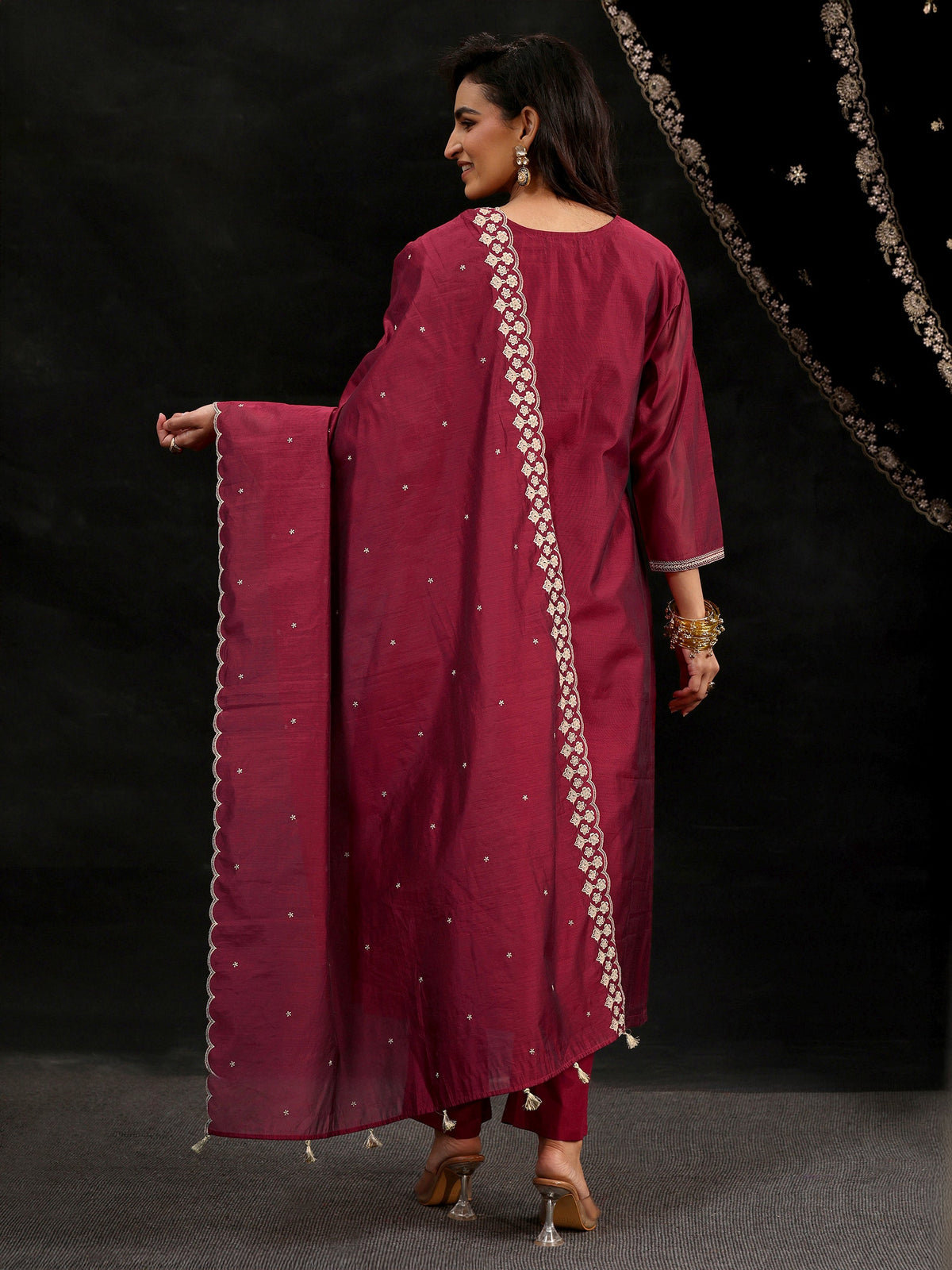 Anouk Maroon Red Yoke Embroidered Chanderi Silk Straight Suit Set