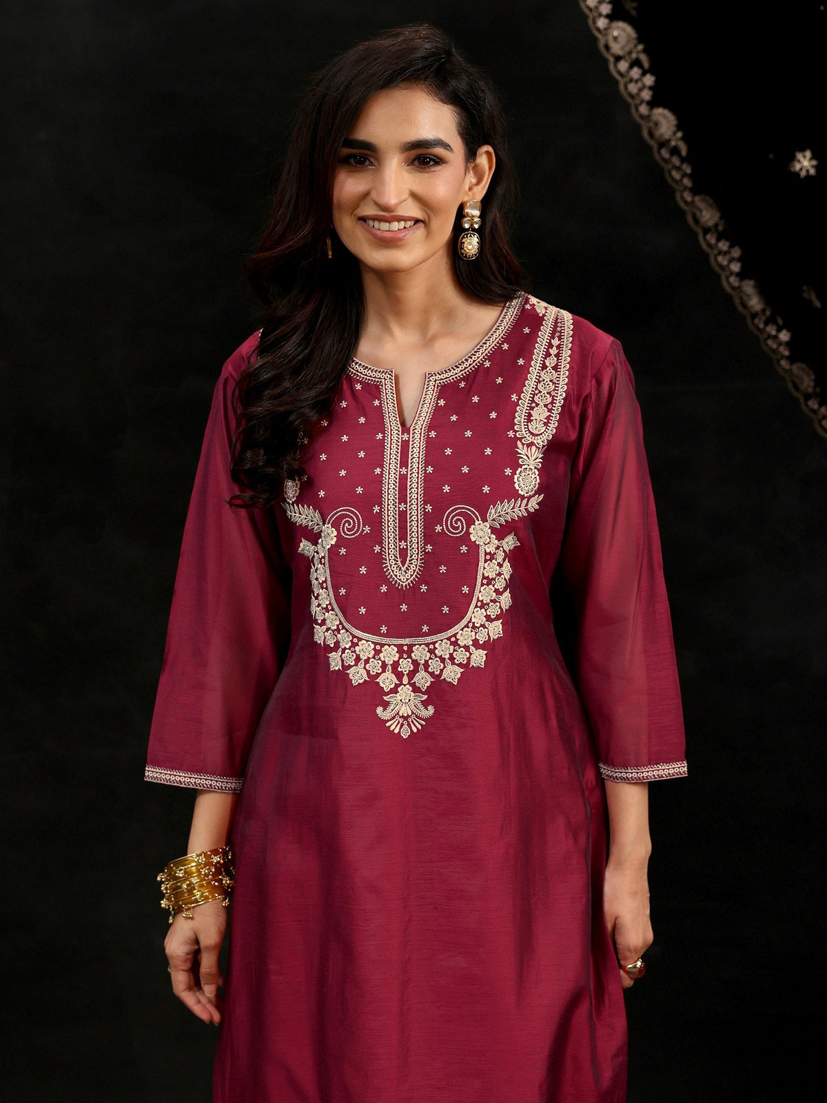 Anouk Maroon Red Yoke Embroidered Chanderi Silk Straight Suit Set