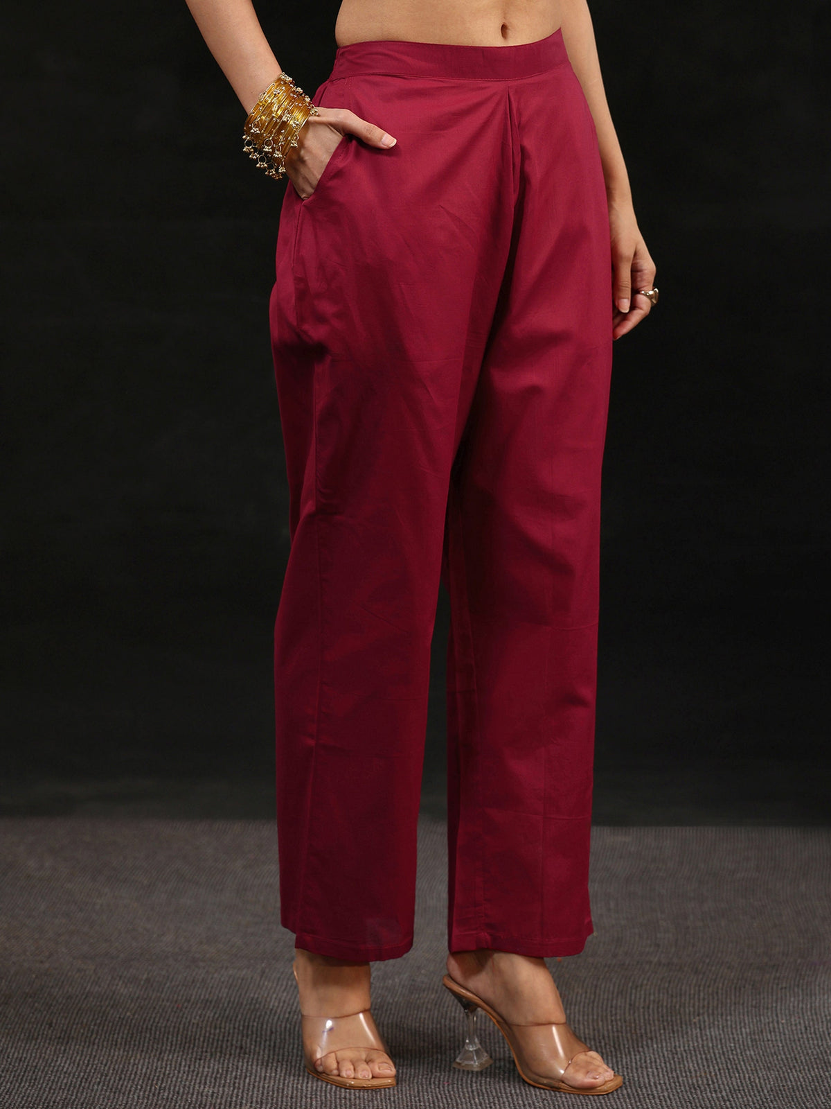Anouk Maroon Red Yoke Embroidered Chanderi Silk Straight Suit Set