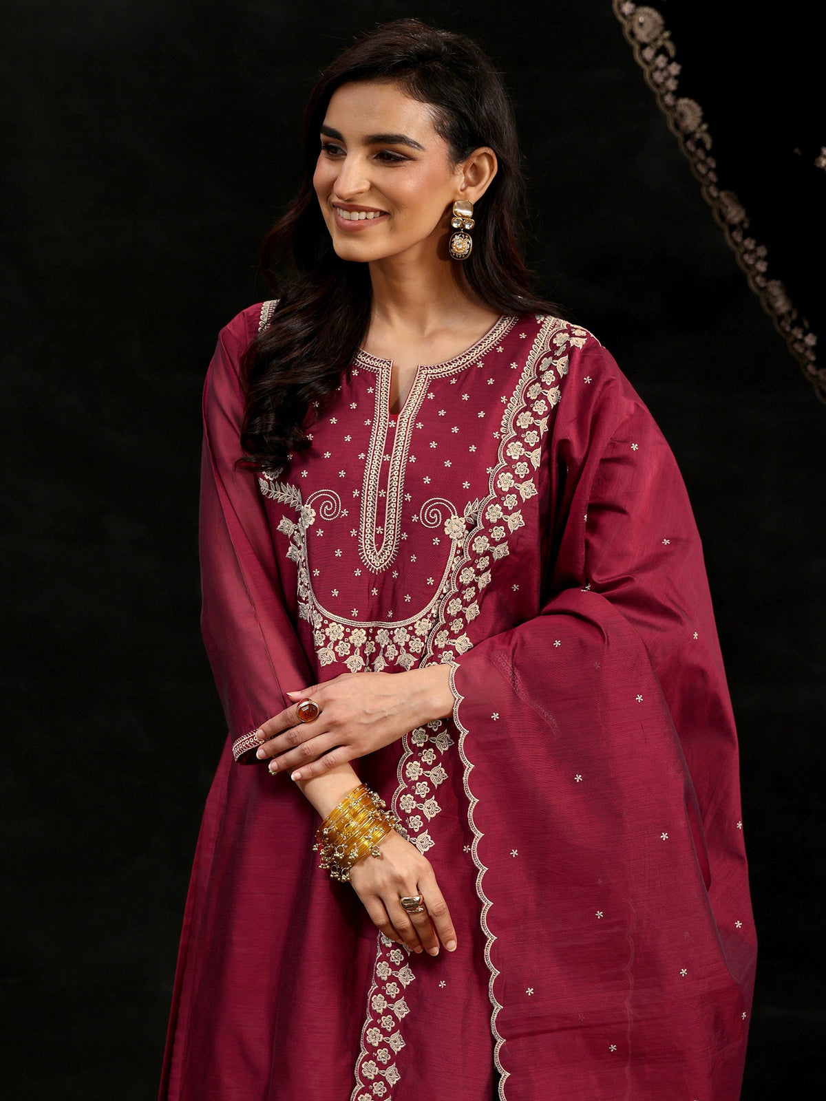 Anouk Maroon Red Yoke Embroidered Chanderi Silk Straight Suit Set