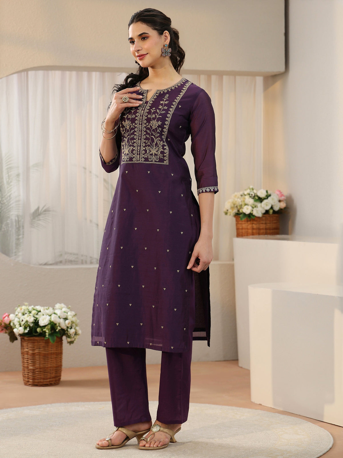 Anouk Royal Purple Floral Embellished Chanderi Silk Straight Suit Set