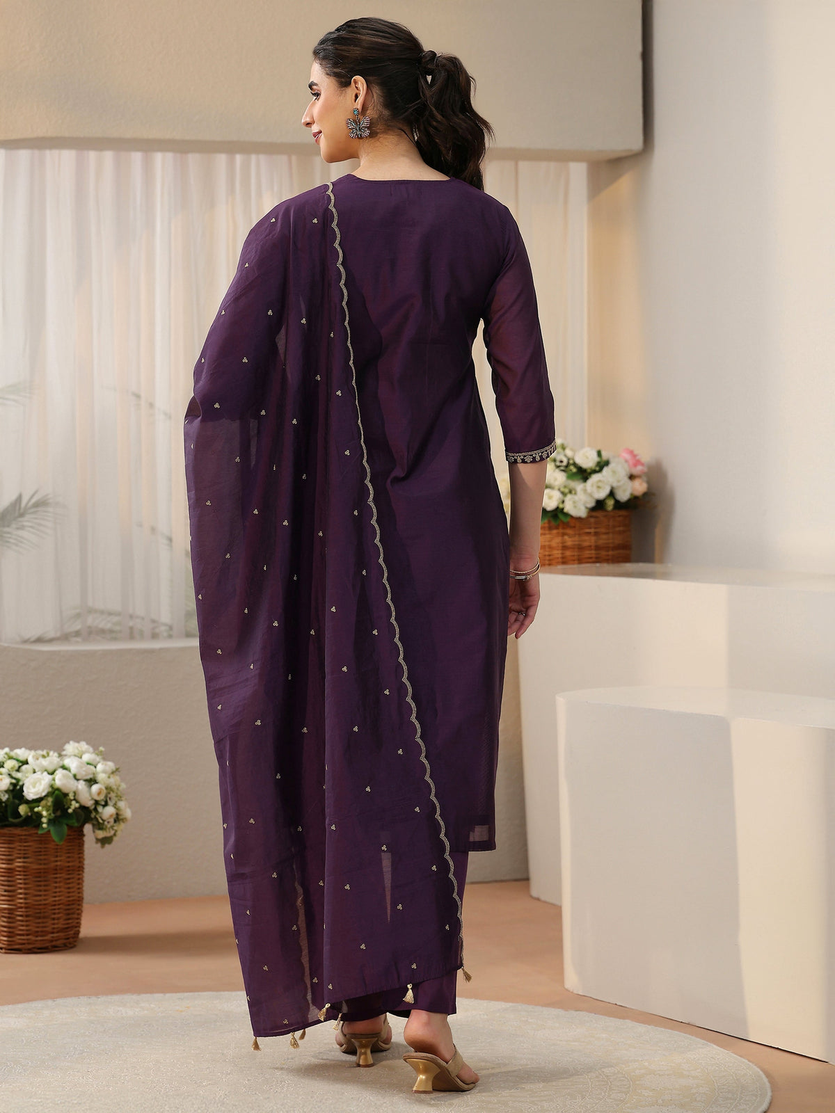 Anouk Royal Purple Floral Embellished Chanderi Silk Straight Suit Set