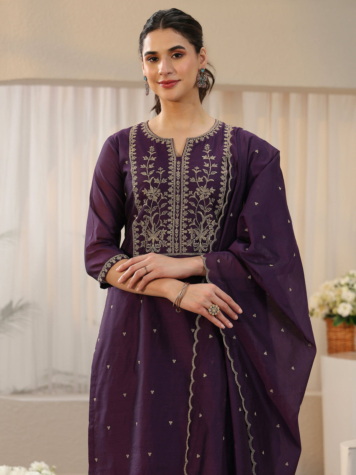 Anouk Royal Purple Floral Embellished Chanderi Silk Straight Suit Set
