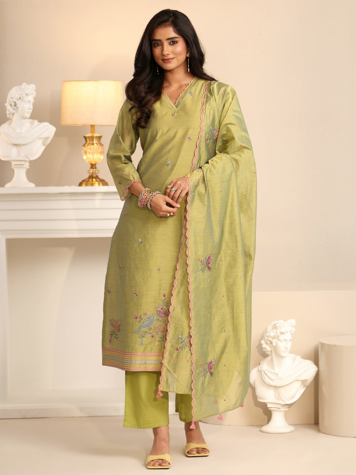 Anouk Fern Green Bird Embroidered Chanderi Silk Straight Suit Set