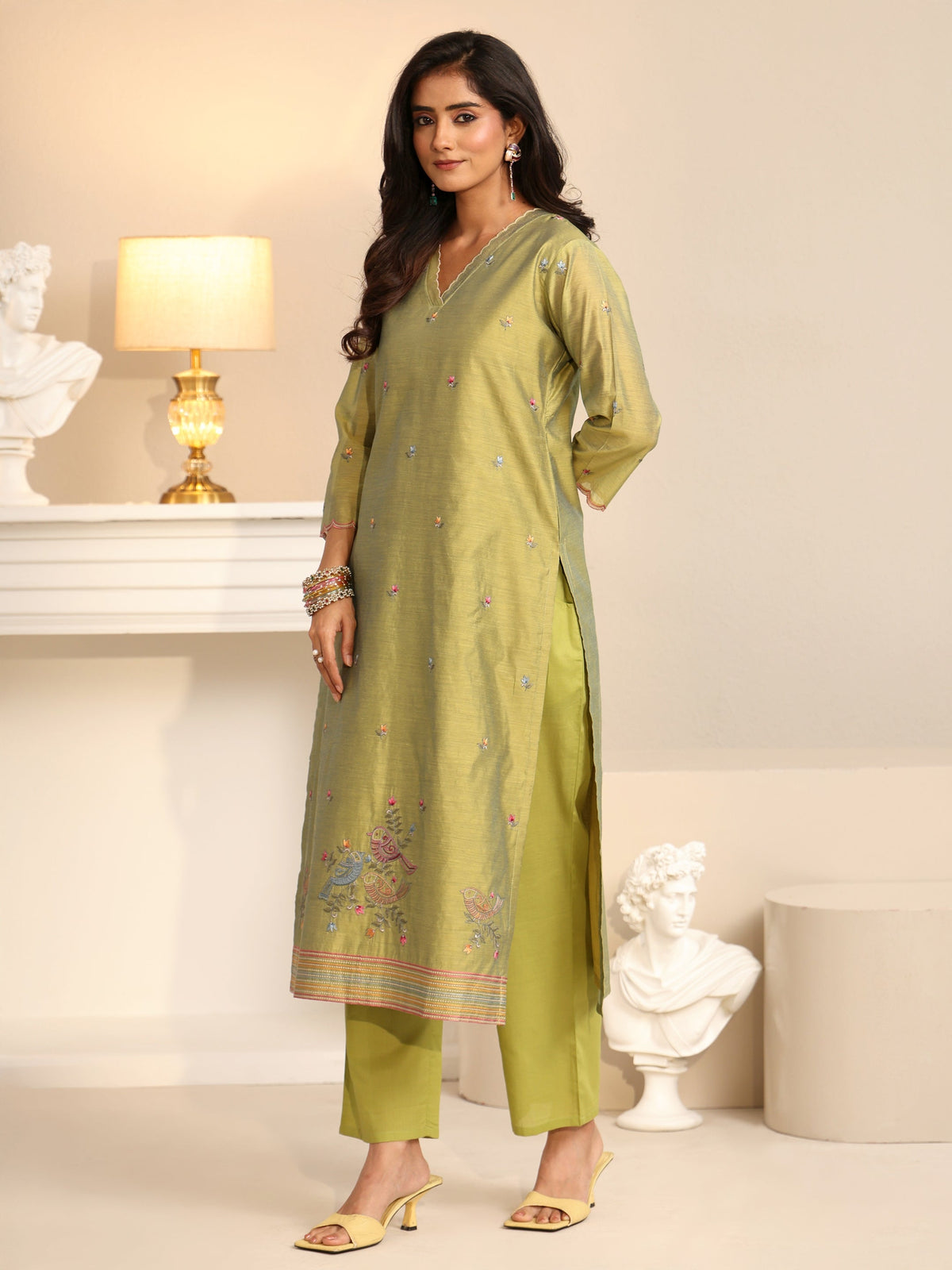 Anouk Fern Green Bird Embroidered Chanderi Silk Straight Suit Set