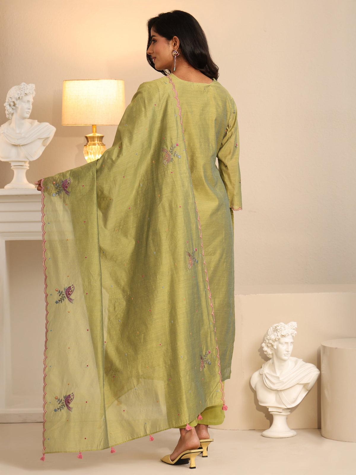 Anouk Fern Green Bird Embroidered Chanderi Silk Straight Suit Set
