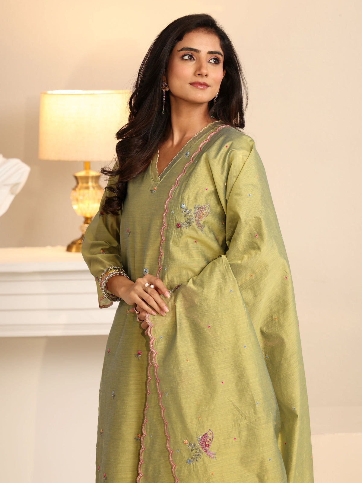 Anouk Fern Green Bird Embroidered Chanderi Silk Straight Suit Set