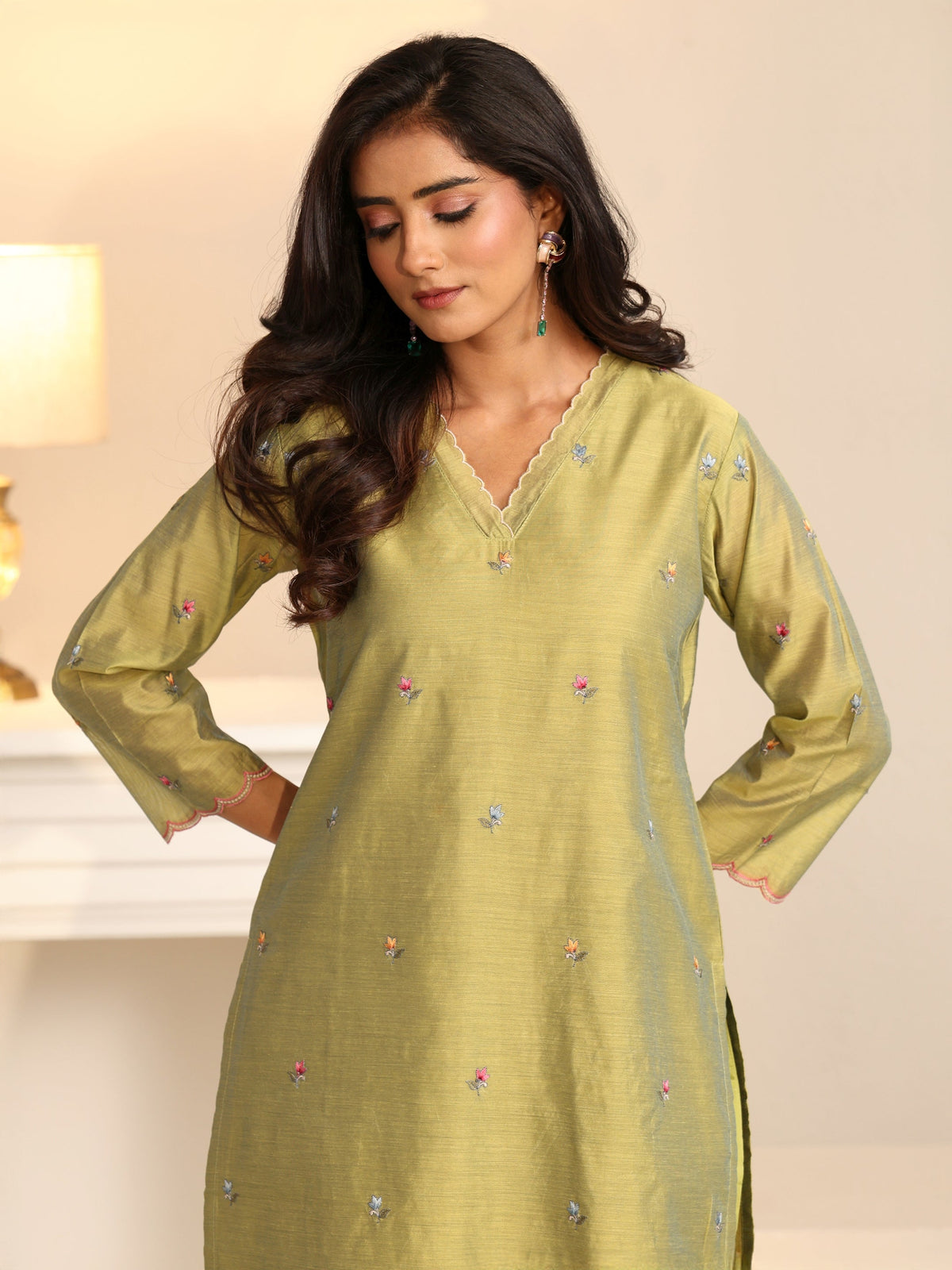 Anouk Fern Green Bird Embroidered Chanderi Silk Straight Suit Set
