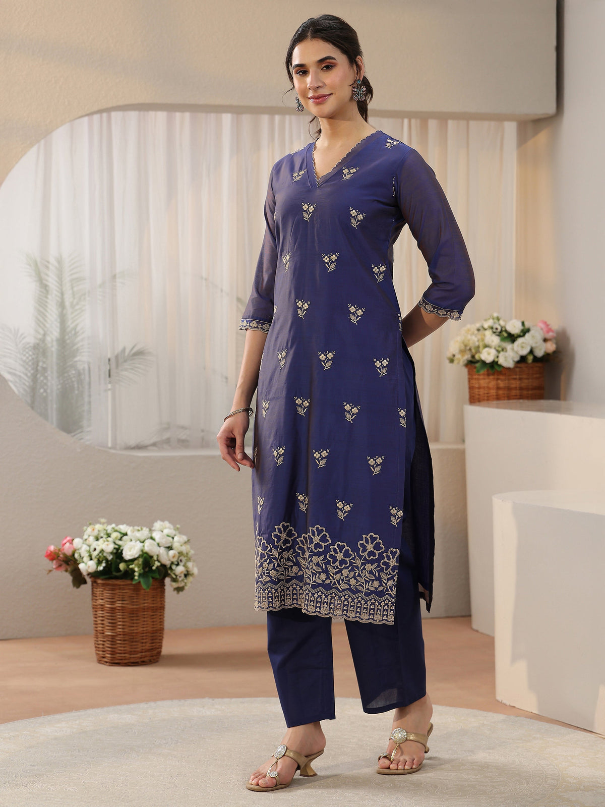 Anouk Navy Blue Floral Embroidered Chanderi Silk Straight Suit Set