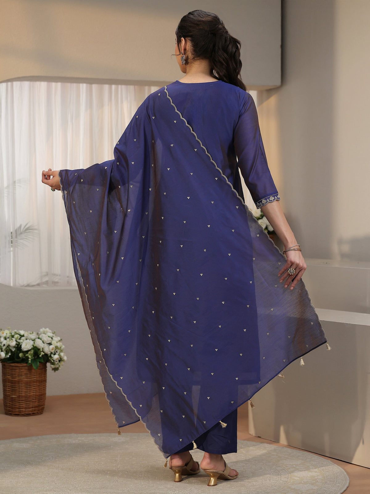 Anouk Navy Blue Floral Embroidered Chanderi Silk Straight Suit Set