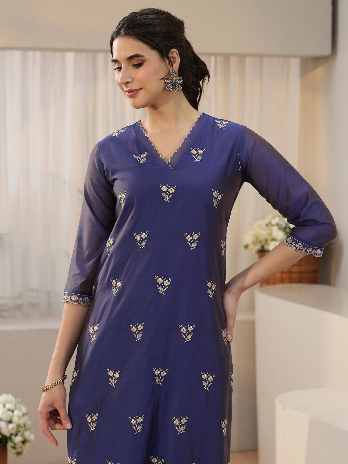 Anouk Navy Blue Floral Embroidered Chanderi Silk Straight Suit Set