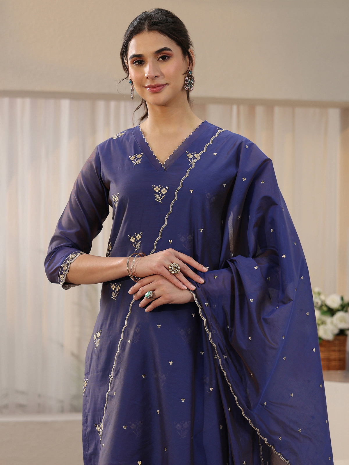 Anouk Navy Blue Floral Embroidered Chanderi Silk Straight Suit Set