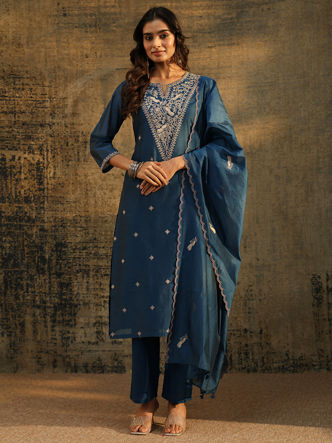 Anouk Prussian Blue Embroidered Chanderi Silk Straight Suit Set