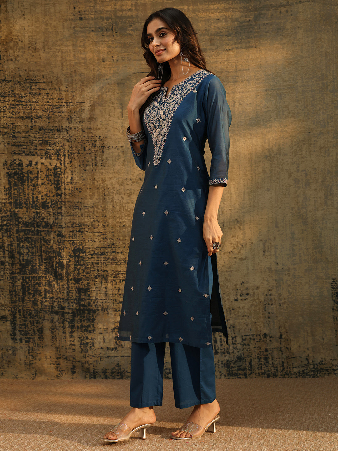 Anouk Prussian Blue Embroidered Chanderi Silk Straight Suit Set
