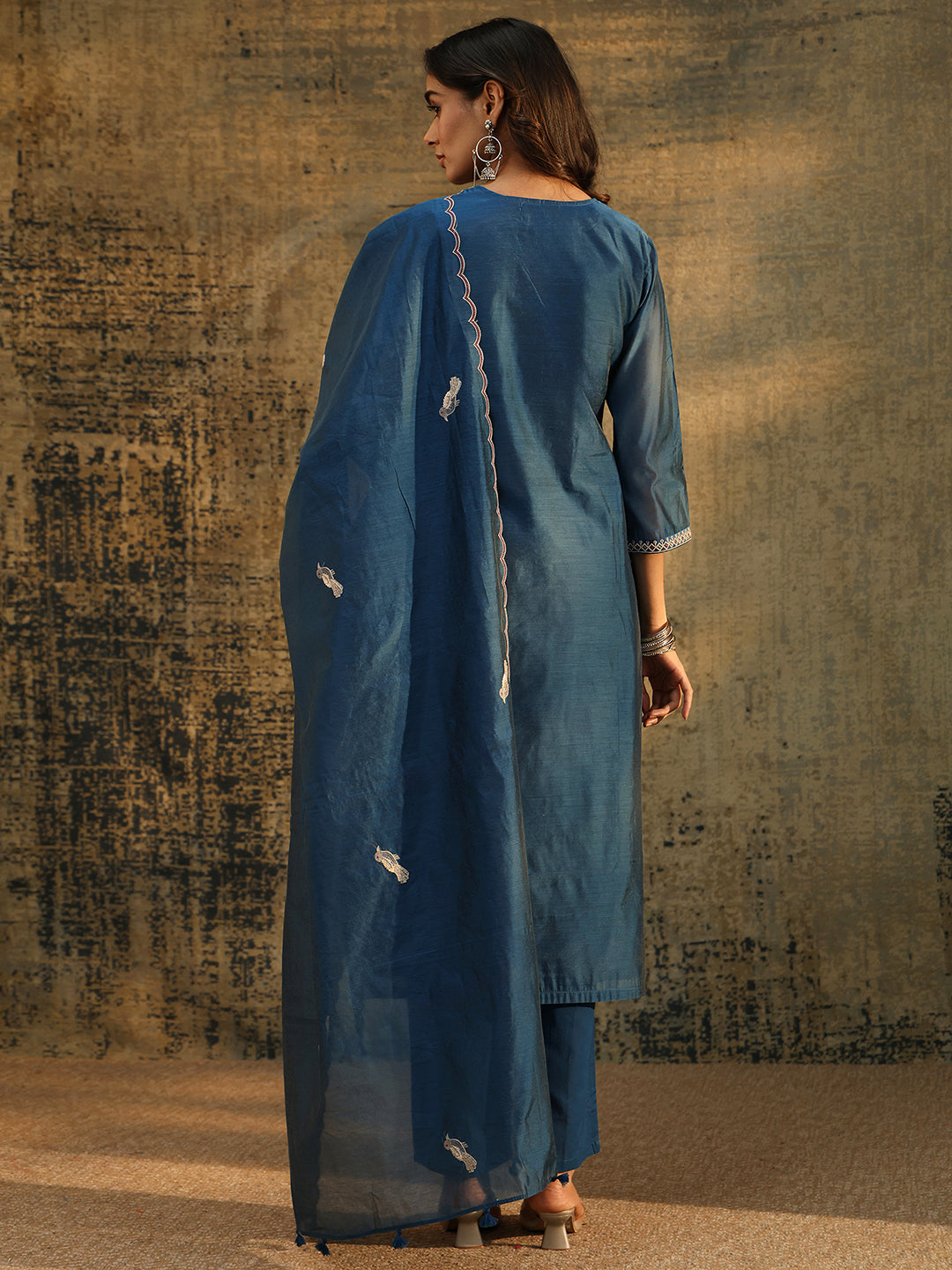 Anouk Prussian Blue Embroidered Chanderi Silk Straight Suit Set