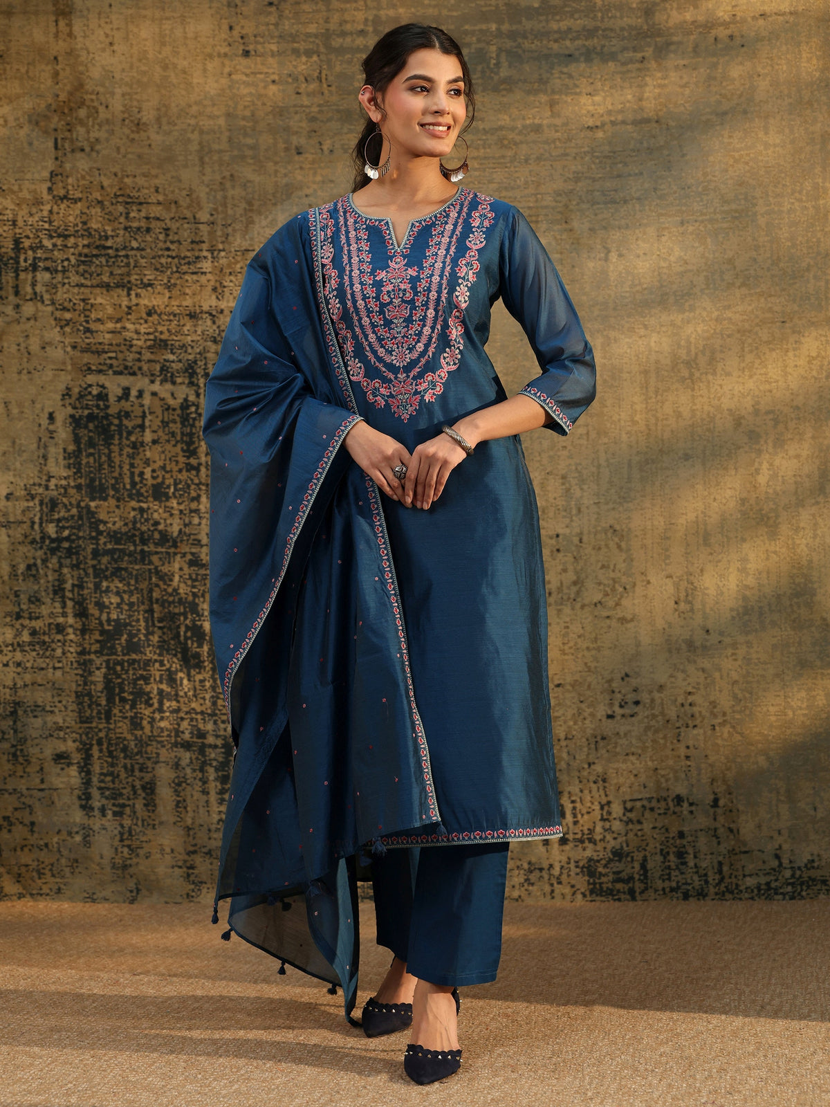 Anouk Blue Floral Embroidered Yoke Design Chanderi Silk Straight Suit Set
