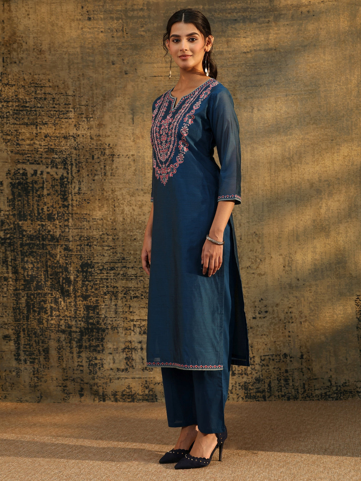 Anouk Blue Floral Embroidered Yoke Design Chanderi Silk Straight Suit Set