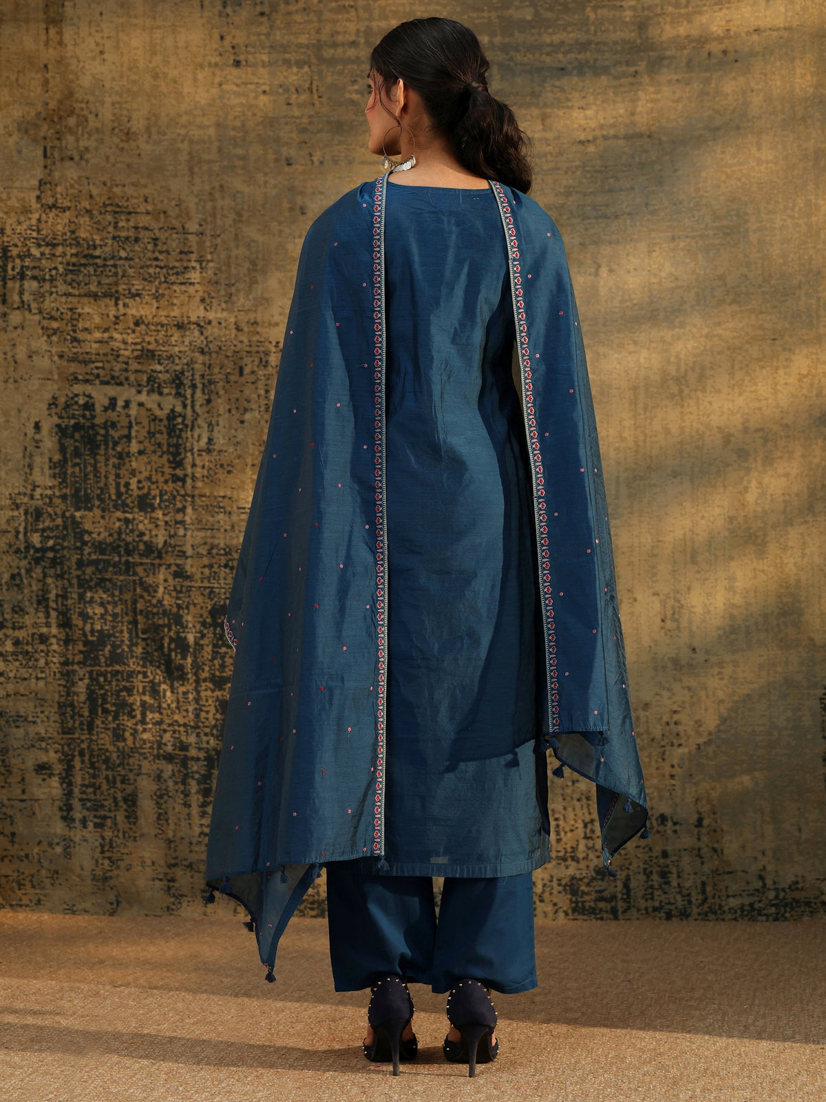 Anouk Blue Floral Embroidered Yoke Design Chanderi Silk Straight Suit Set