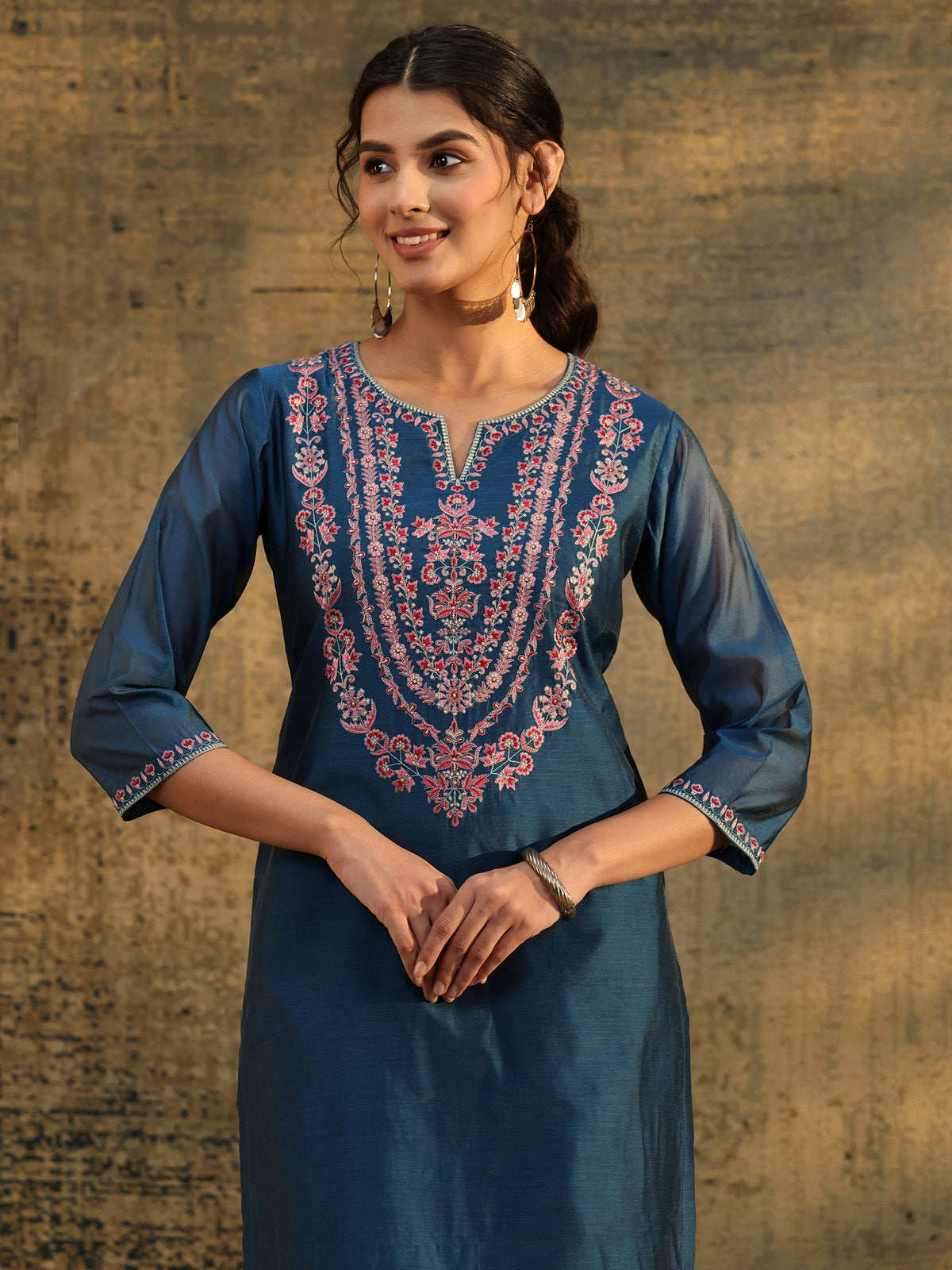 Anouk Blue Floral Embroidered Yoke Design Chanderi Silk Straight Suit Set
