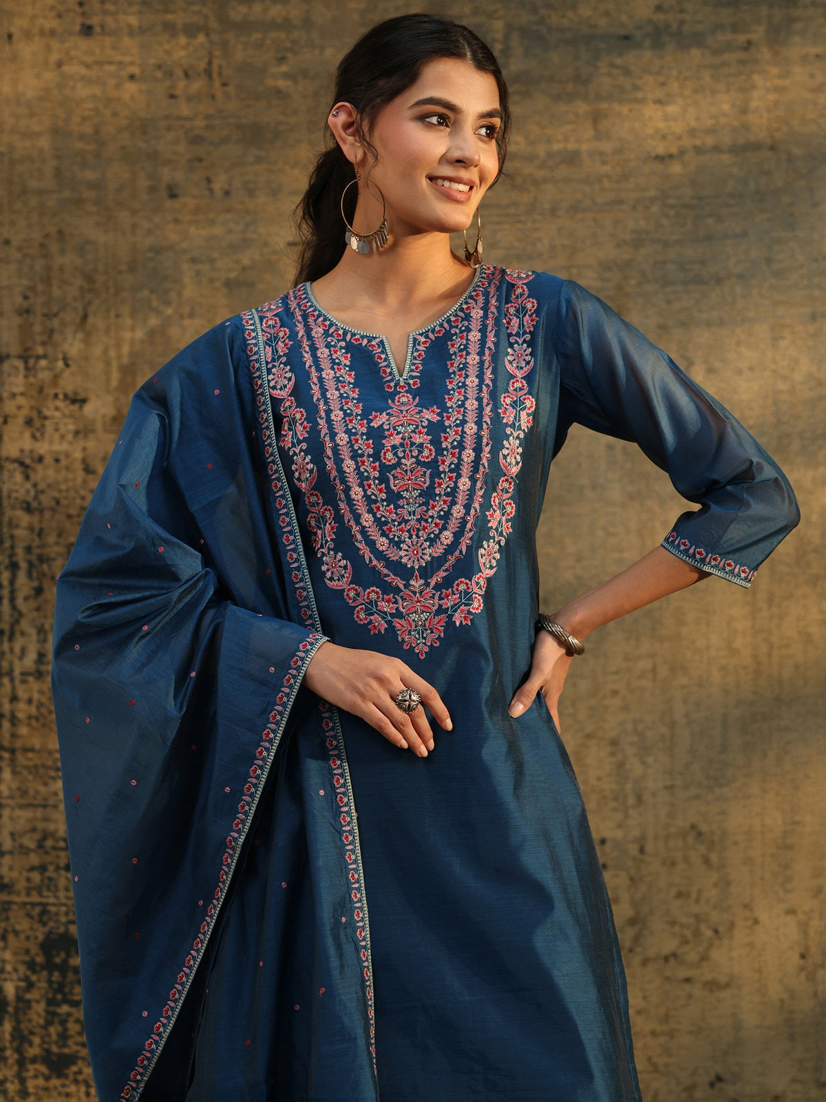 Anouk Blue Floral Embroidered Yoke Design Chanderi Silk Straight Suit Set