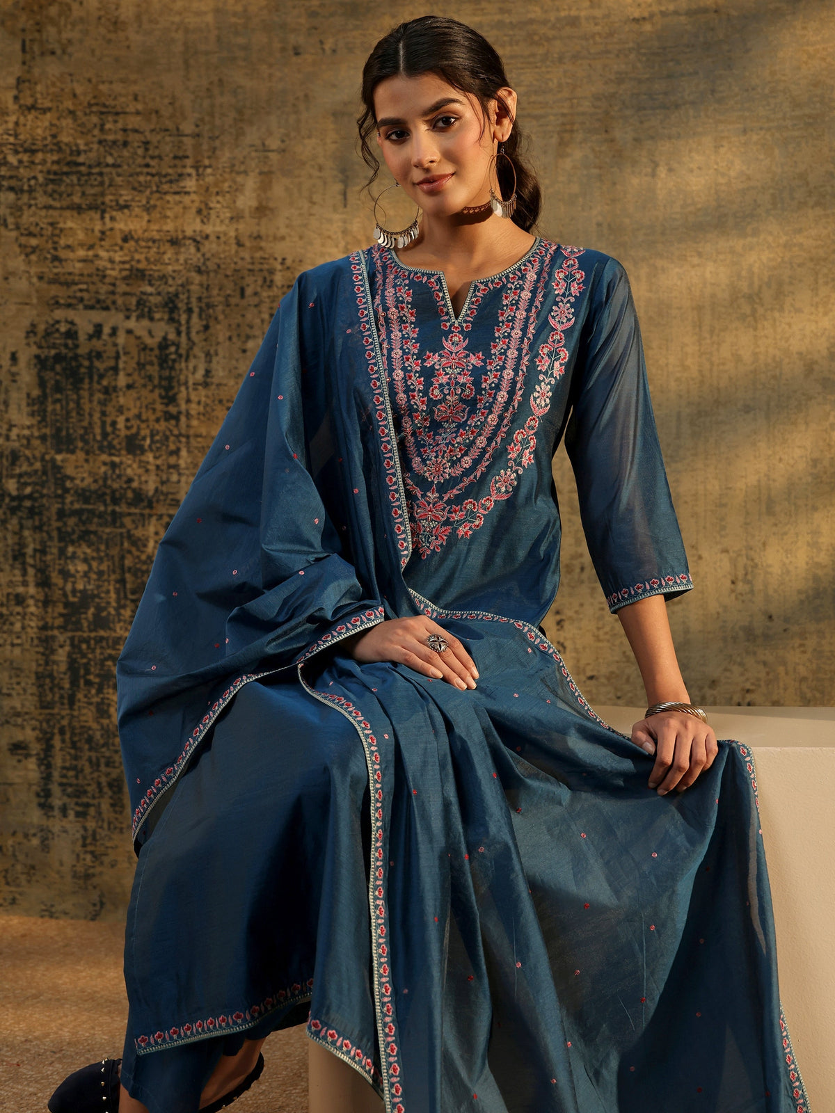 Anouk Blue Floral Embroidered Yoke Design Chanderi Silk Straight Suit Set