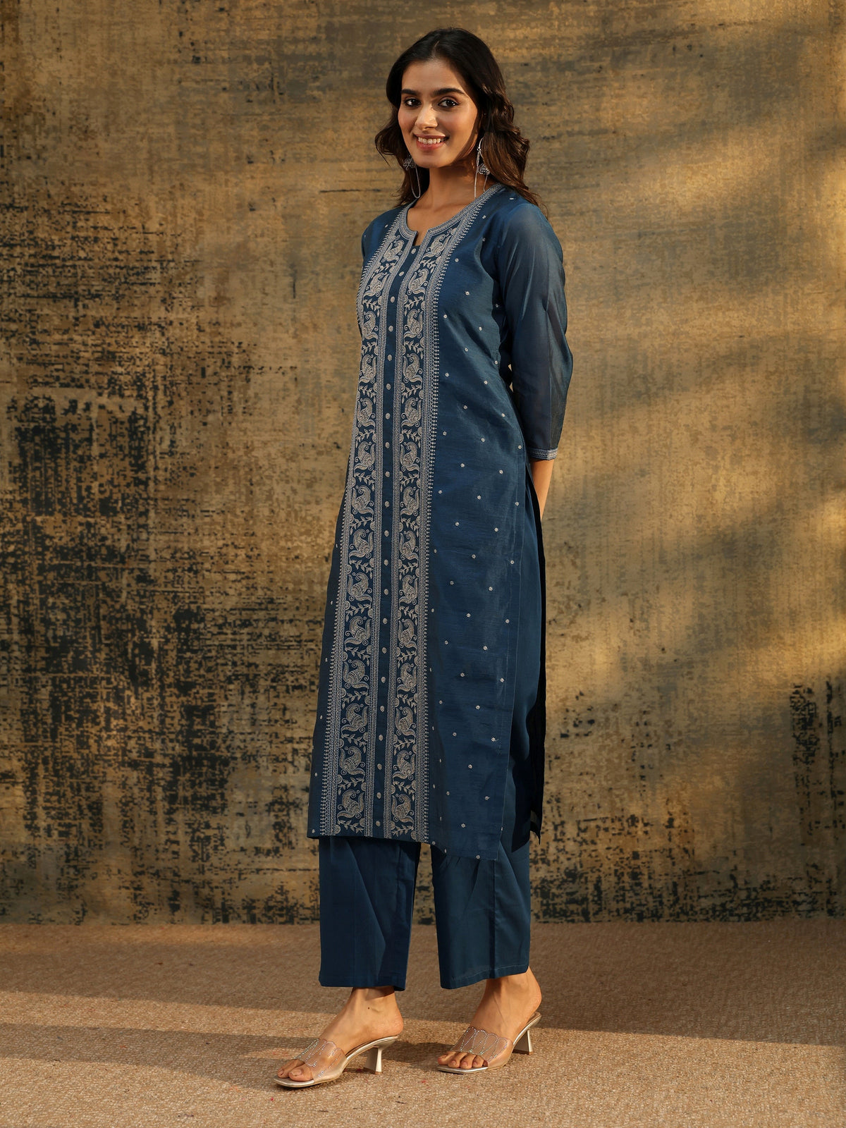 Anouk Teal Blue Paisley Embroidered Chanderi Silk Straight Suit Set
