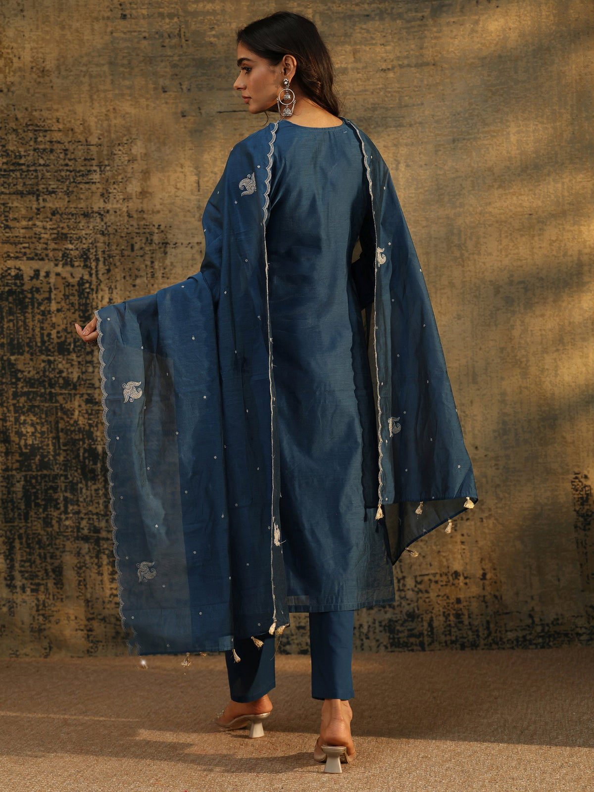 Anouk Teal Blue Paisley Embroidered Chanderi Silk Straight Suit Set