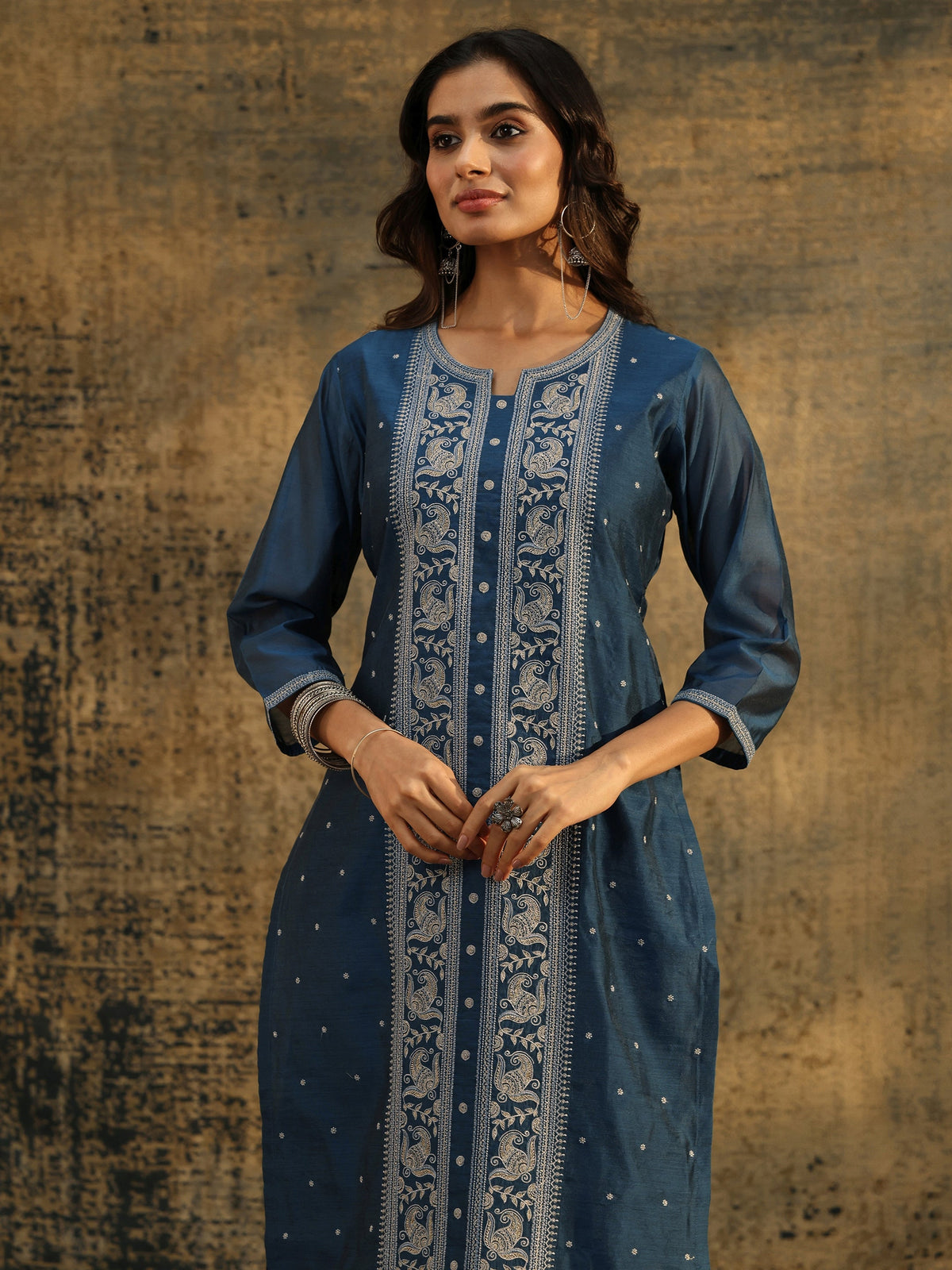 Anouk Teal Blue Paisley Embroidered Chanderi Silk Straight Suit Set