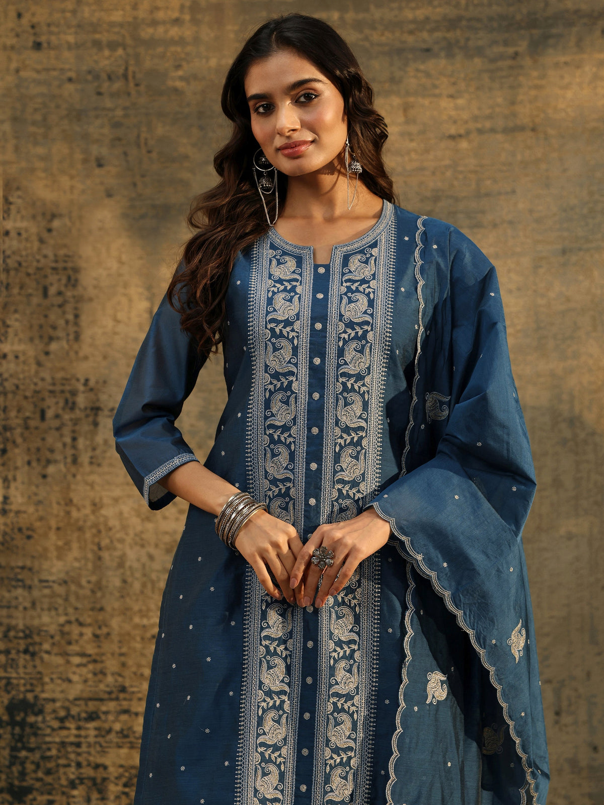 Anouk Teal Blue Paisley Embroidered Chanderi Silk Straight Suit Set